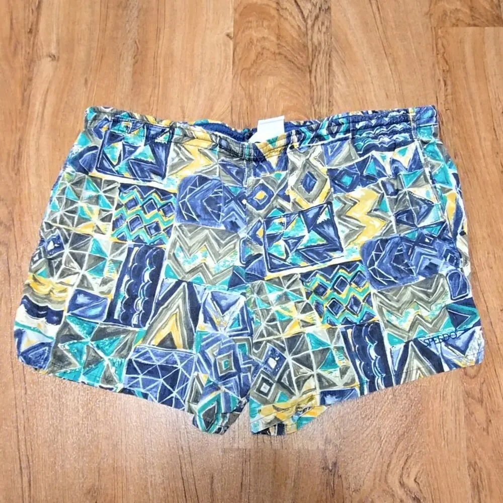 Vintage Speedo Mens Swim Trunks Geometric Print Multicolor Mesh Liner Large